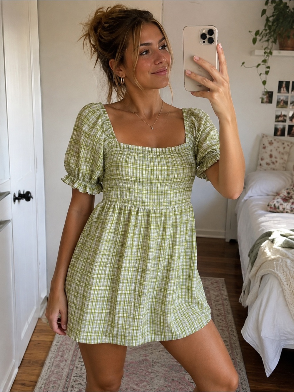 Princess Polly Lime Green White Plaid Smocked Puff Sleeve Mini Dress Sz 4 Girly